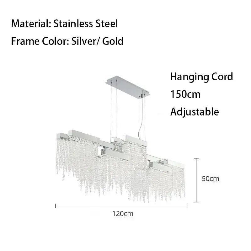 Modern white crystal tassel chandelier with silver and gold stainless steel and cascading crystal strands for dining room decorbites crystal tassel