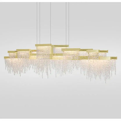 Gold-toned modern decorbites crystal tassel chandelier with tiered rectangular frames for dining room decor