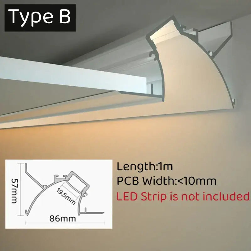 Modern white curved led aluminum profile housing in silver with sleek angular design and integrated mounting bracket