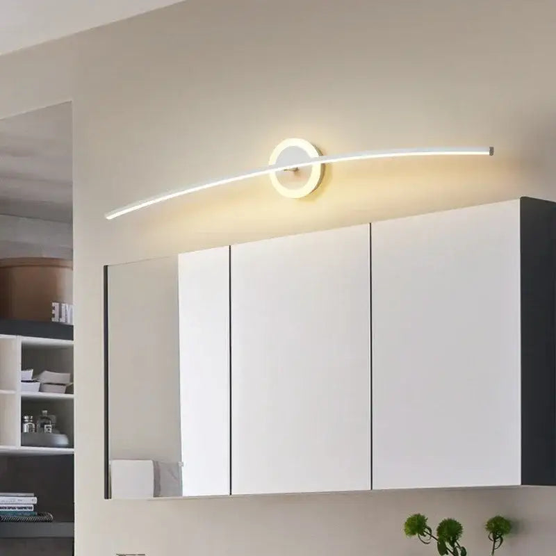 Modern white curved led wall lamp with sleek design and circular base suitable for bathroom and living room use