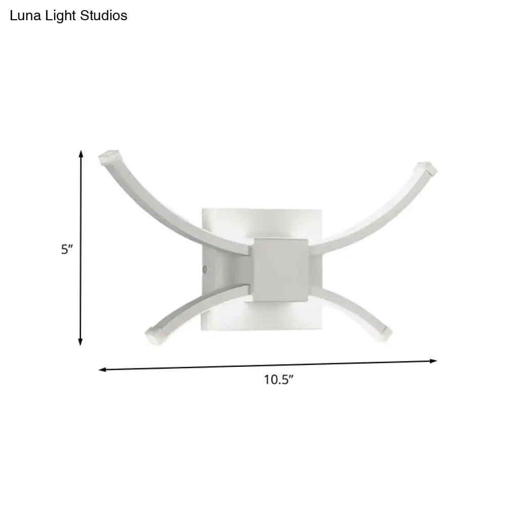 Modern white curved led wall light with sleek arms and square base suitable for 110v-120v and 220v-240v use