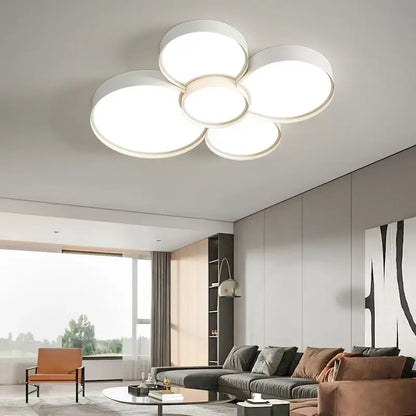 Modern white cylinder led chandelier light with four overlapping circular discs for living room decorbites cylinder led