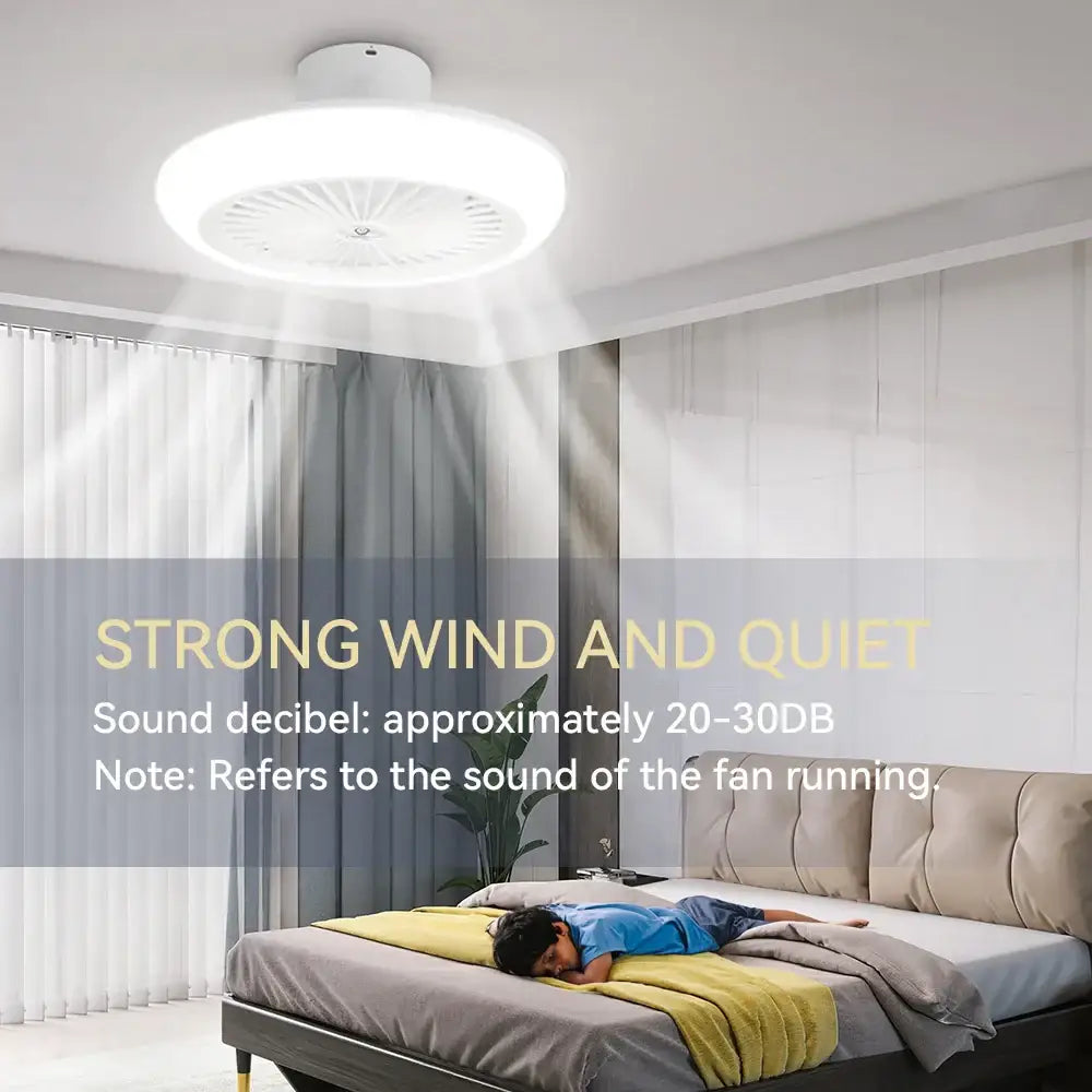 Modern white decorbites ceiling fan with integrated lighting and sleek design ideal for bedroom use