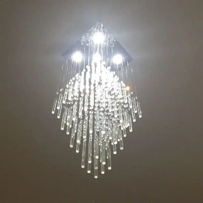 Modern white decorbites crystal ceiling chandelier with cascading clear glass rods and embedded lights for living room