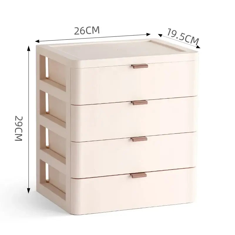 Beige plastic desktop organizer drawer with four rose gold handles for modern decorbites desktop and bedroom use