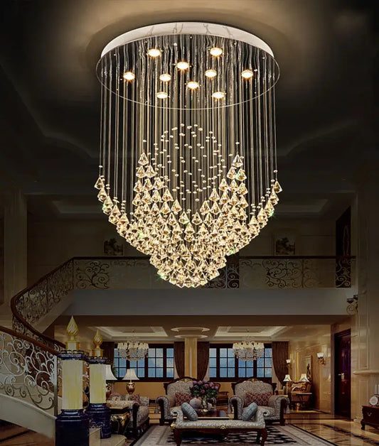 Modern white diamond crystal chandelier with circular frame and cascading clear glass prisms for living room lighting