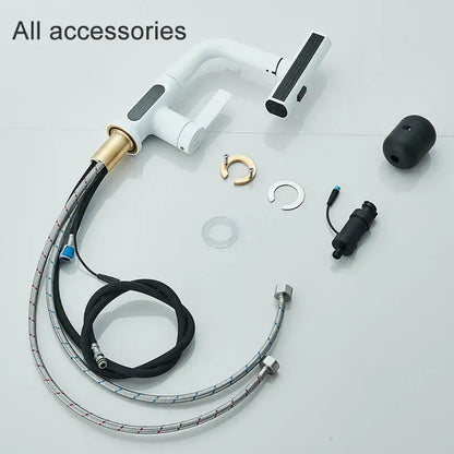 Modern white digital display basin faucet with brass flexible braided hoses and detachable pull out shower head decorbites digital display
