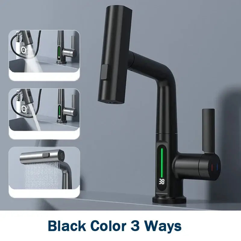 Black matte basin faucet with sleek modern design, three spray modes, and decorbites digital display for bathroom use