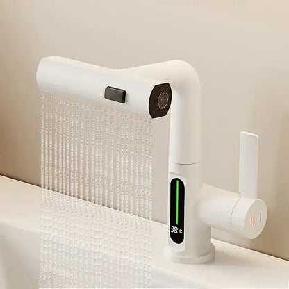 Modern white digital display basin faucet with display basin faucet and decorbites digital display showerhead emitting water