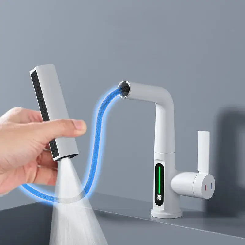 Modern white digital display brass basin faucet with decorbites digital display and detachable handheld spray head