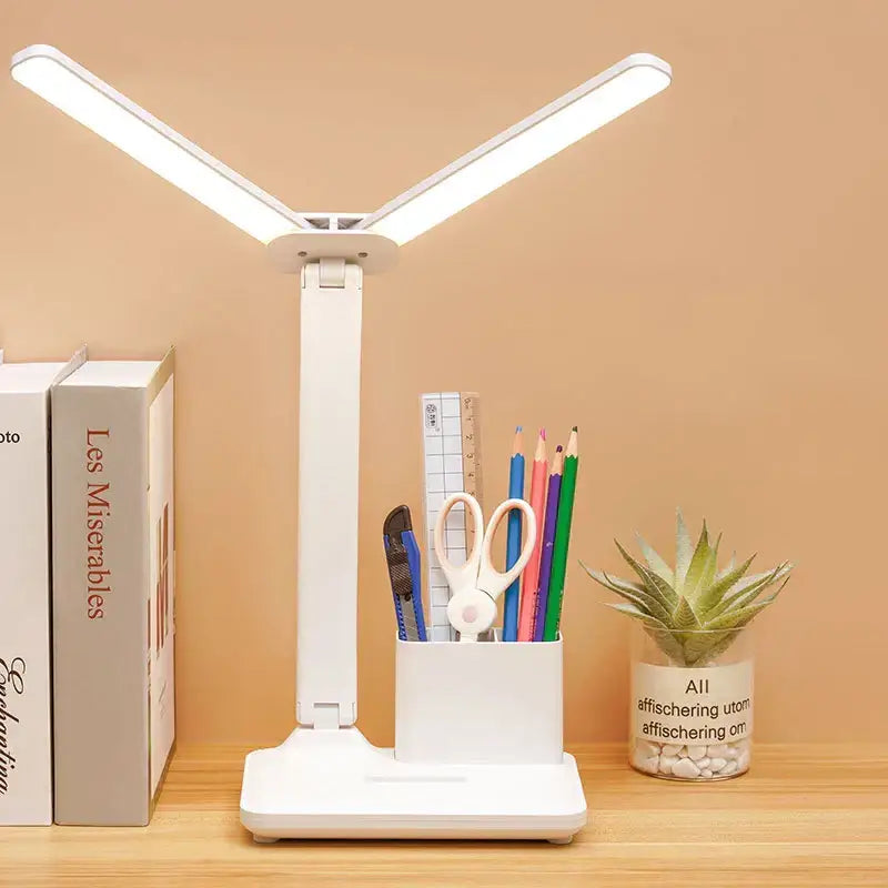 Modern white dual arm led desk lamp with integrated pen holder for bedroom featuring decorbites led desk lamp design