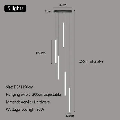 Modern white duplex loft led chandelier pendant light with five slender acrylic rods and adjustable 200cm hanging wire