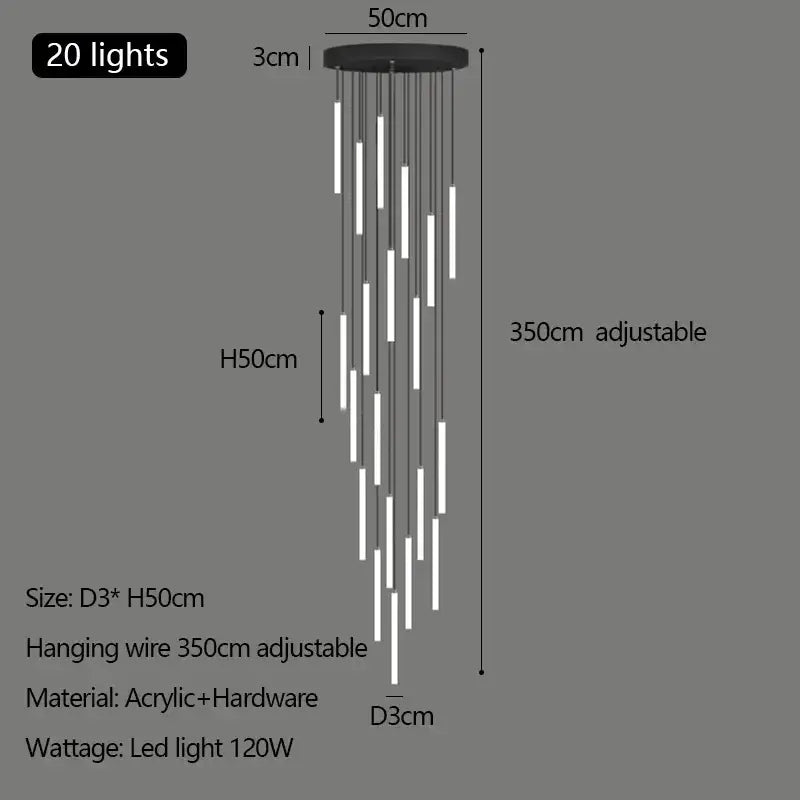 Modern black and white acrylic duplex loft led chandelier with 20 adjustable lights for stairway decorbites duplex loft