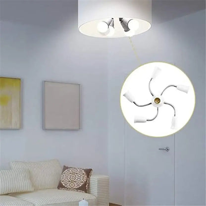 Modern white e27 socket splitter ceiling light with four adjustable chrome arms and white lampshades for living room