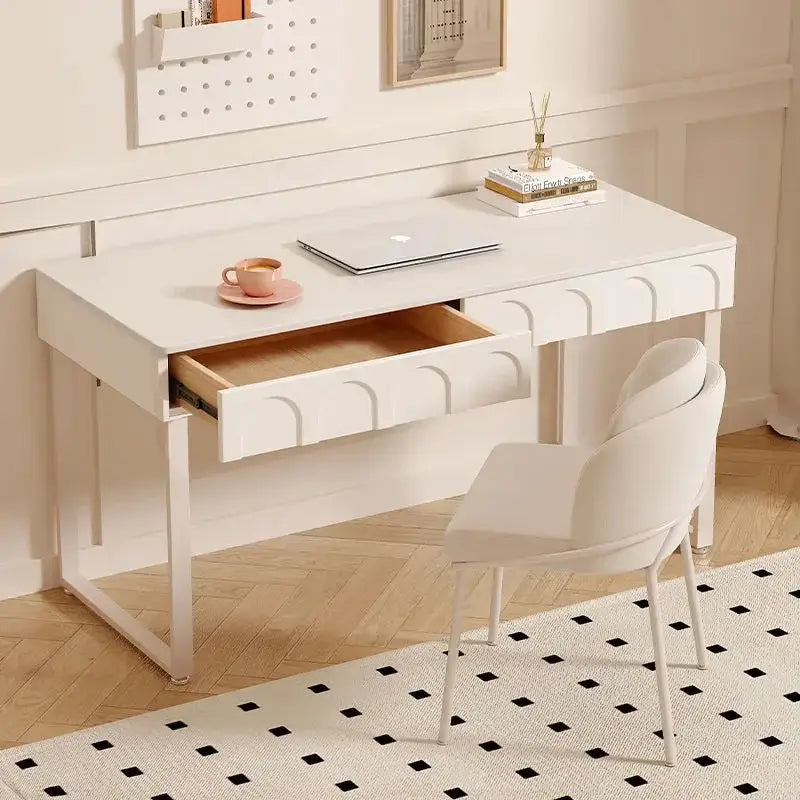 Modern white elegant writing desk with curved drawer and light wood interior paired with matching white chair in decorbites elegant writing desk style