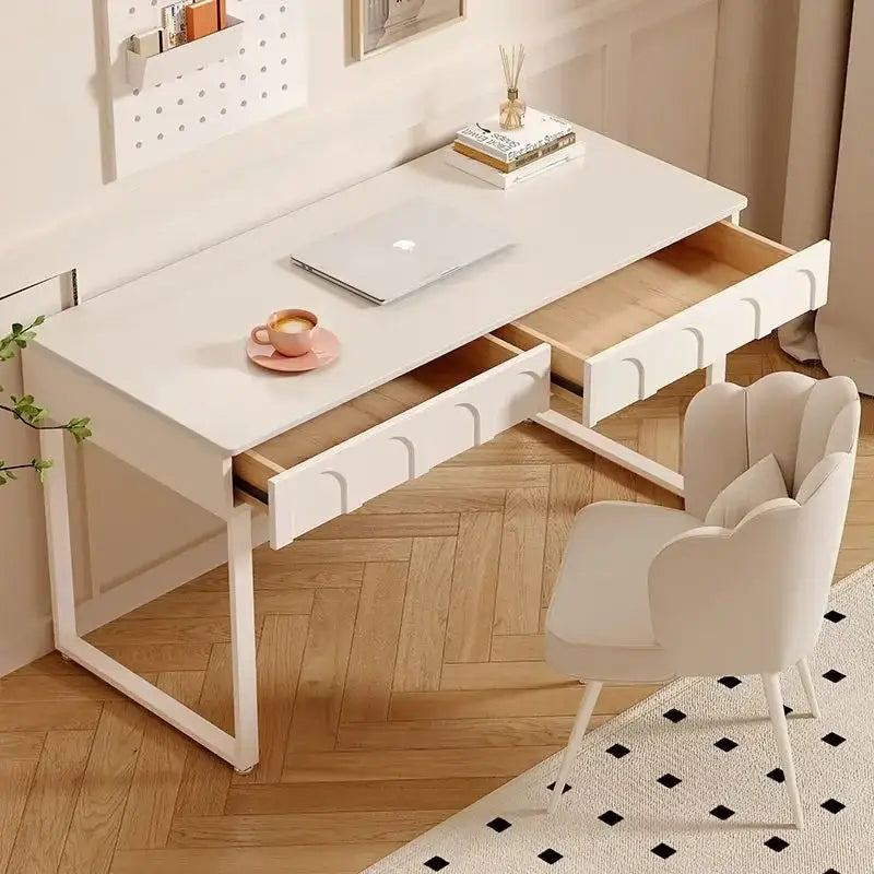 Modern white elegant writing desk with sleek metal legs and curved drawer fronts for bedroom decorbites elegant writing desk