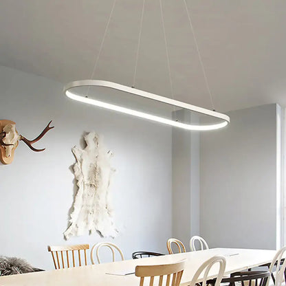 Modern white oval pendant light with ellipse metal shade in black and warm white bulb base for restaurant ceiling fixture