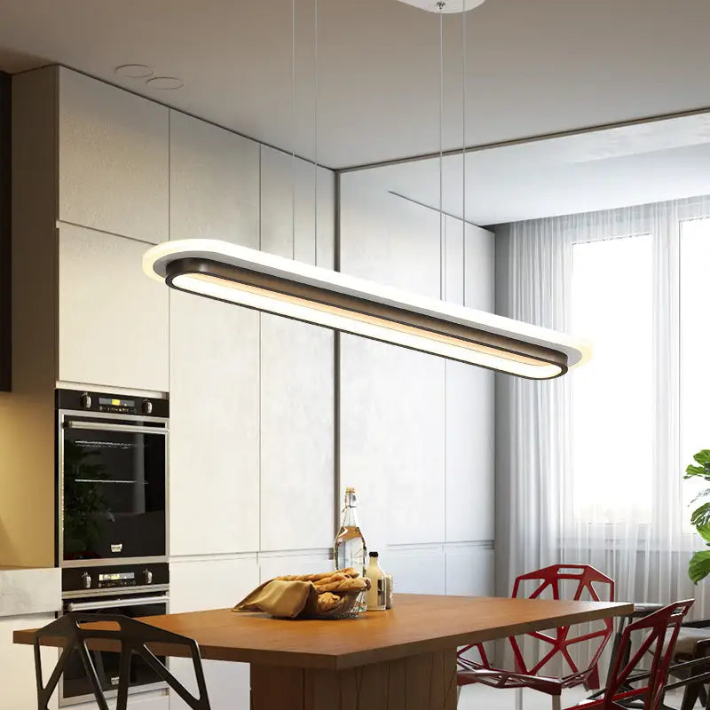 DecorBites™ nordic style white elliptical island led suspension lamp with sleek acrylic and black metal edges for table lighting