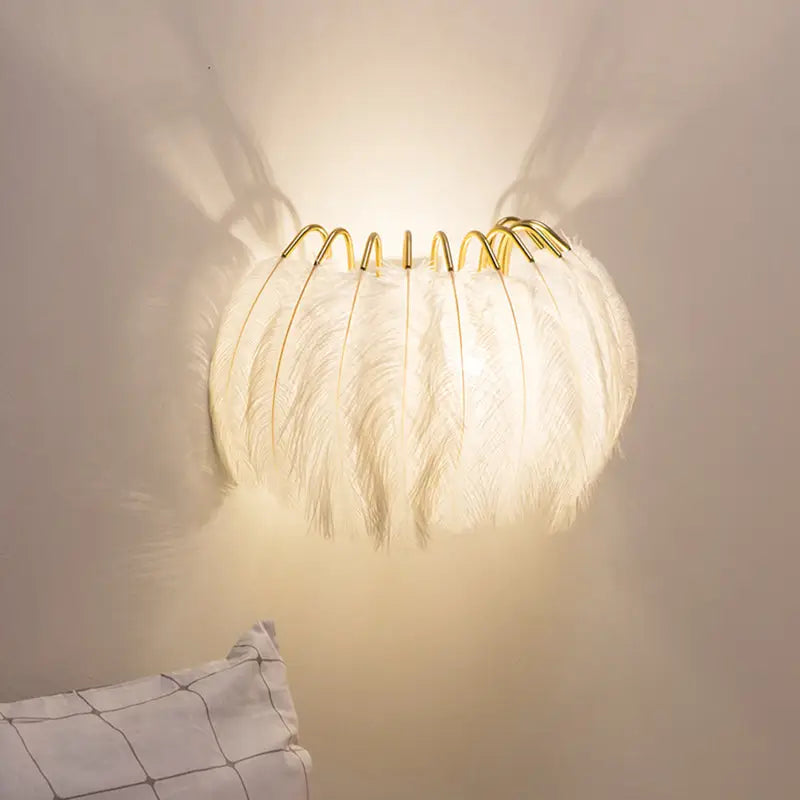 Modern metal wall white feather metal wall sconce with gold-toned frame for bedroom lighting