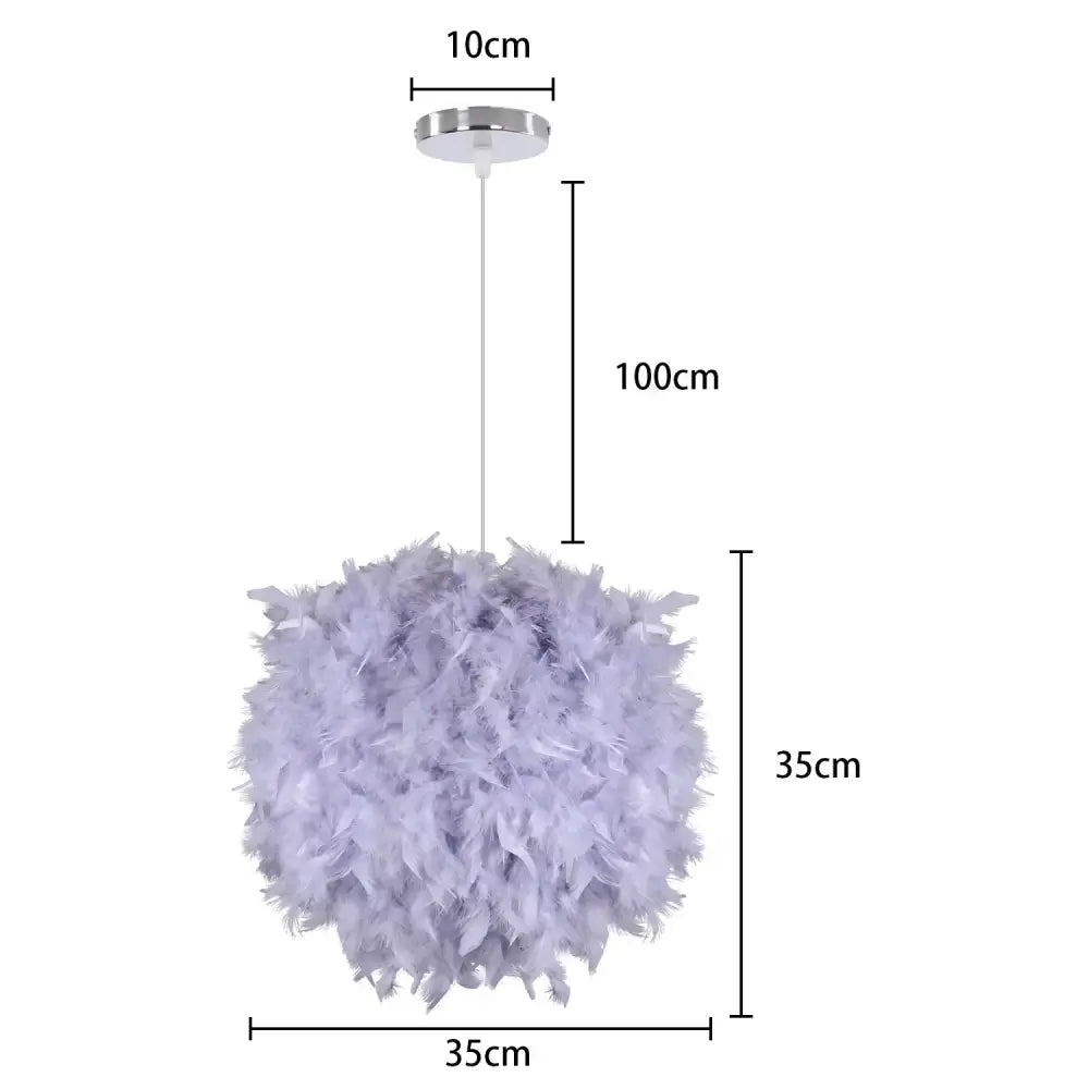 Modern white feather pendant light with fluffy lavender feather shade and sleek chrome ceiling mount for bedroom use