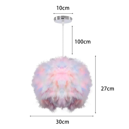 Modern white feather pendant light with pastel pink and lavender feathers and chrome ceiling mount for bedroom