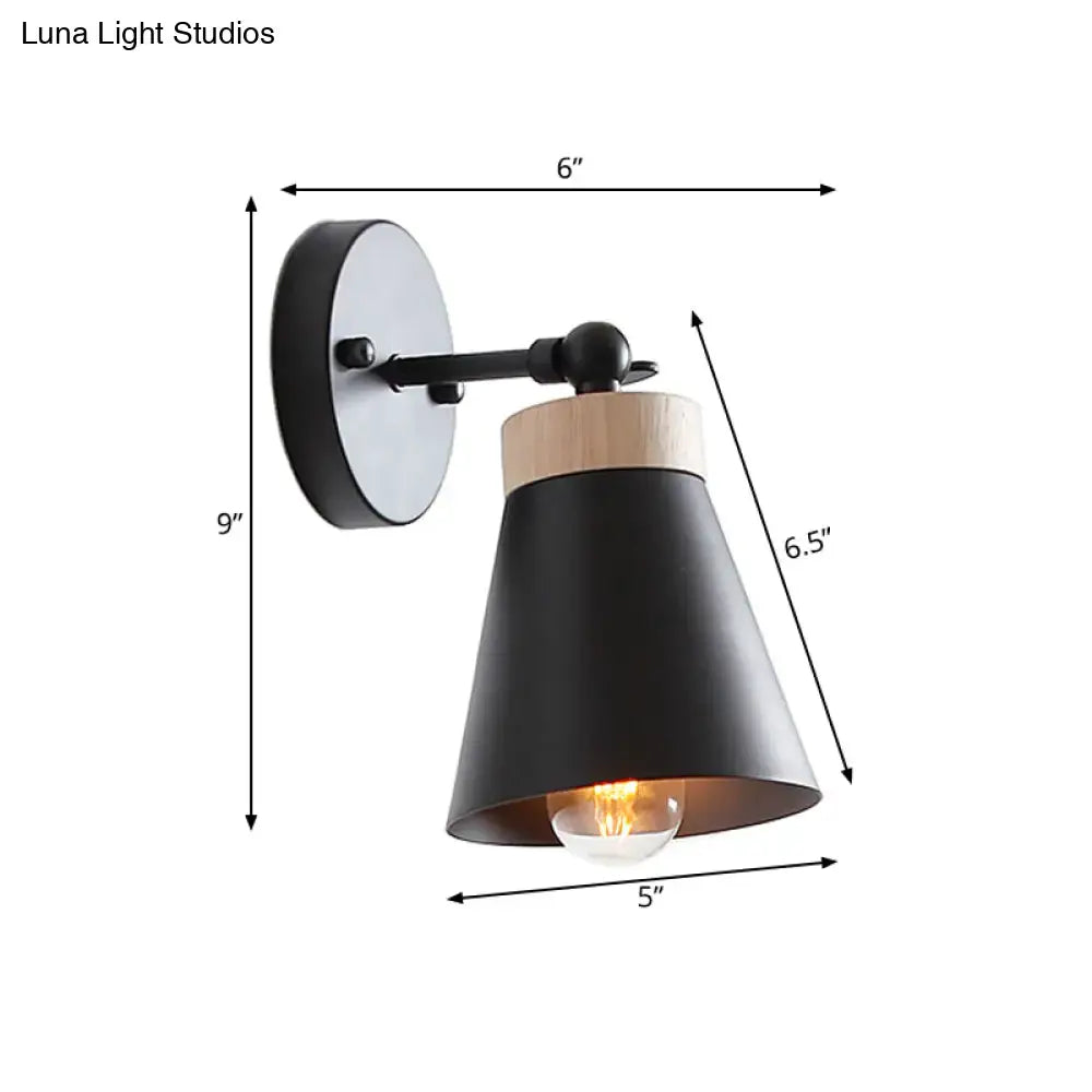 Modern bedside sconce with black metal and wood, matte white finish, conical shade, e26 e27 compatible lamp