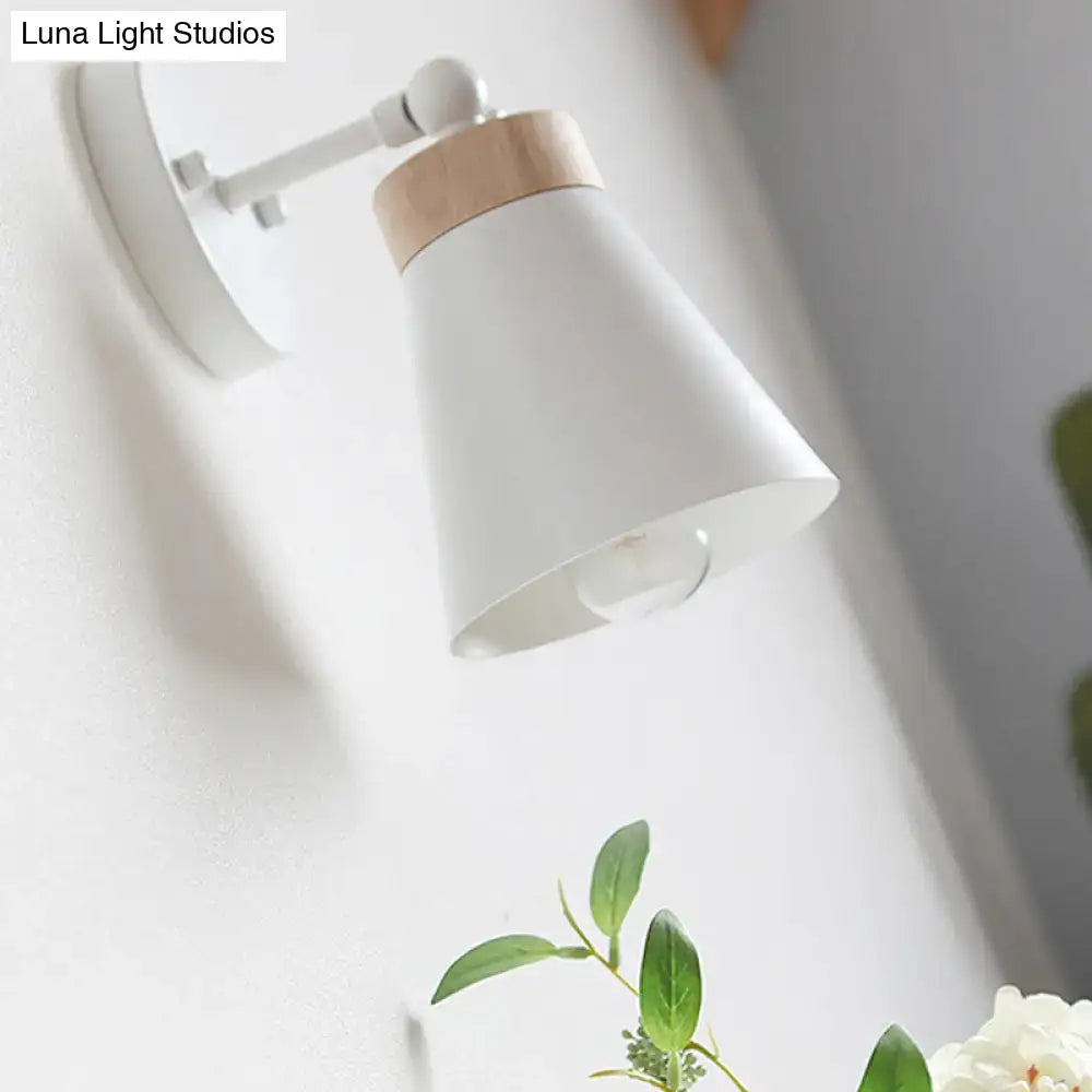 Modern white finish bedside sconce with a white conical shade wood accent and minimalist metal arm for e26 e27 bulbs