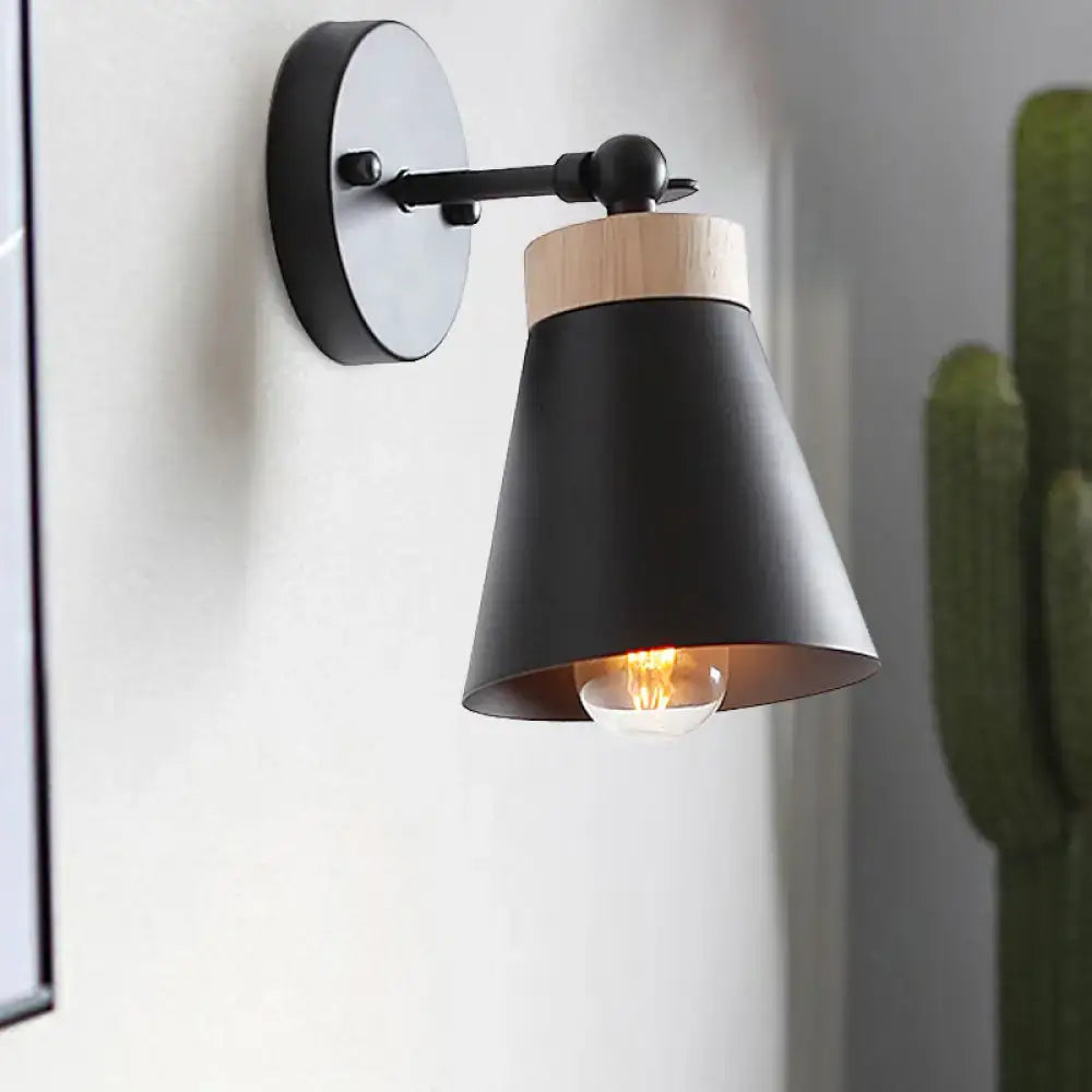 Modern white finish bedside sconce with wood accent collar and black metal conical shade featuring e26 e27 bulb