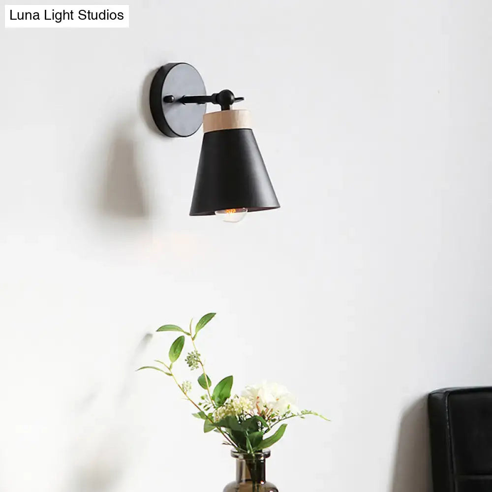 Modern white finish bedside sconce with black metal conical shade wood accent and e26 e27 bulb compatibility