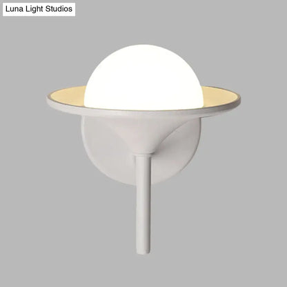 Modern white flared sconce light featuring a white spherical globe lamp with gold rim on a sleek wall fixture 110v-120v