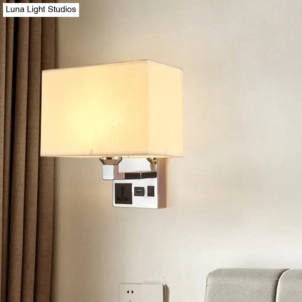 Modern white and flaxen wall light with cream fabric shade chrome base and usb charging port bedroom wall lamp