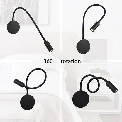 Black adjustable wall spot light with flexible gooseneck and circular base for modern bedroom reading lamp