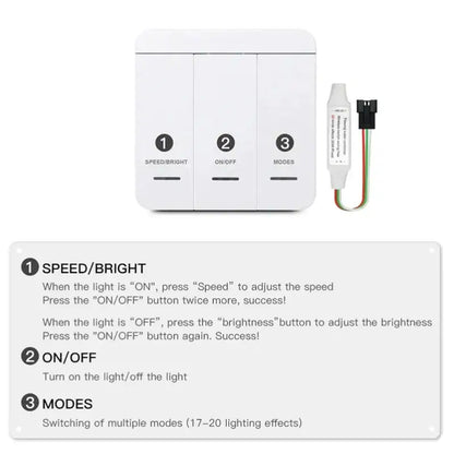 White three-button led light control panel for modern white flowing led strip light with speed brightness and mode functions