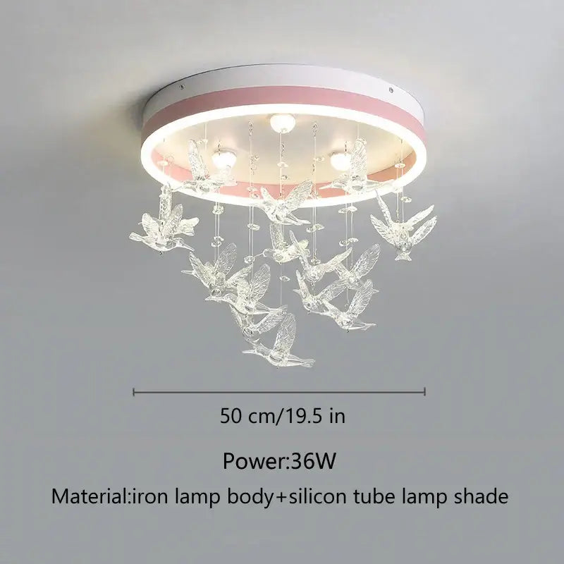 Modern white flying bird ceiling light with pink frame and clear crystal bird ornaments for kids bedroom decorbites flying bird