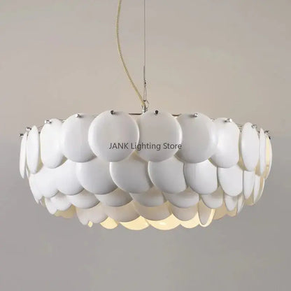 Modern white french ceramic chandelier pendant light with a layered circular disc design by decorbites french ceramic