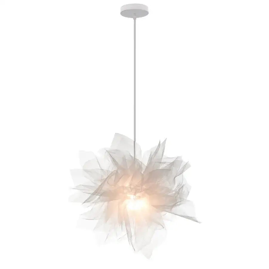 Modern white gauze flower pendant light with a delicate sheer fabric and soft glowing center by decorbites gauze