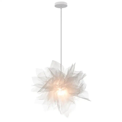 Modern white gauze flower pendant light with a delicate sheer fabric and soft glowing center by decorbites gauze