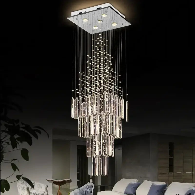 Modern white geometric crystal ceiling chandelier with clear faceted glass rods and chrome mount by decorbites crystal ceiling