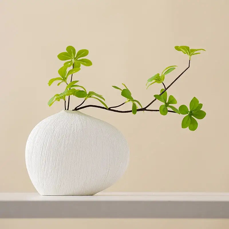 Modern white geometric stripes ceramic vase with textured brushed finish for living room decorbites geometric stripes decor