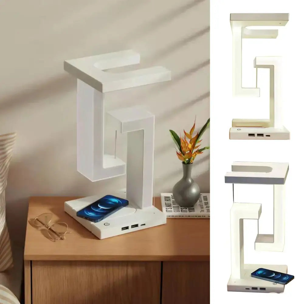 Modern white geometric desk lamp with wireless charger desk pad and usb ports for bedroom lighting