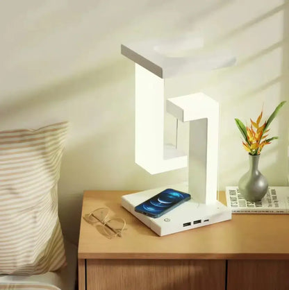 Modern white geometric desk lamp with integrated wireless charger desk and usb ports for bedroom lighting