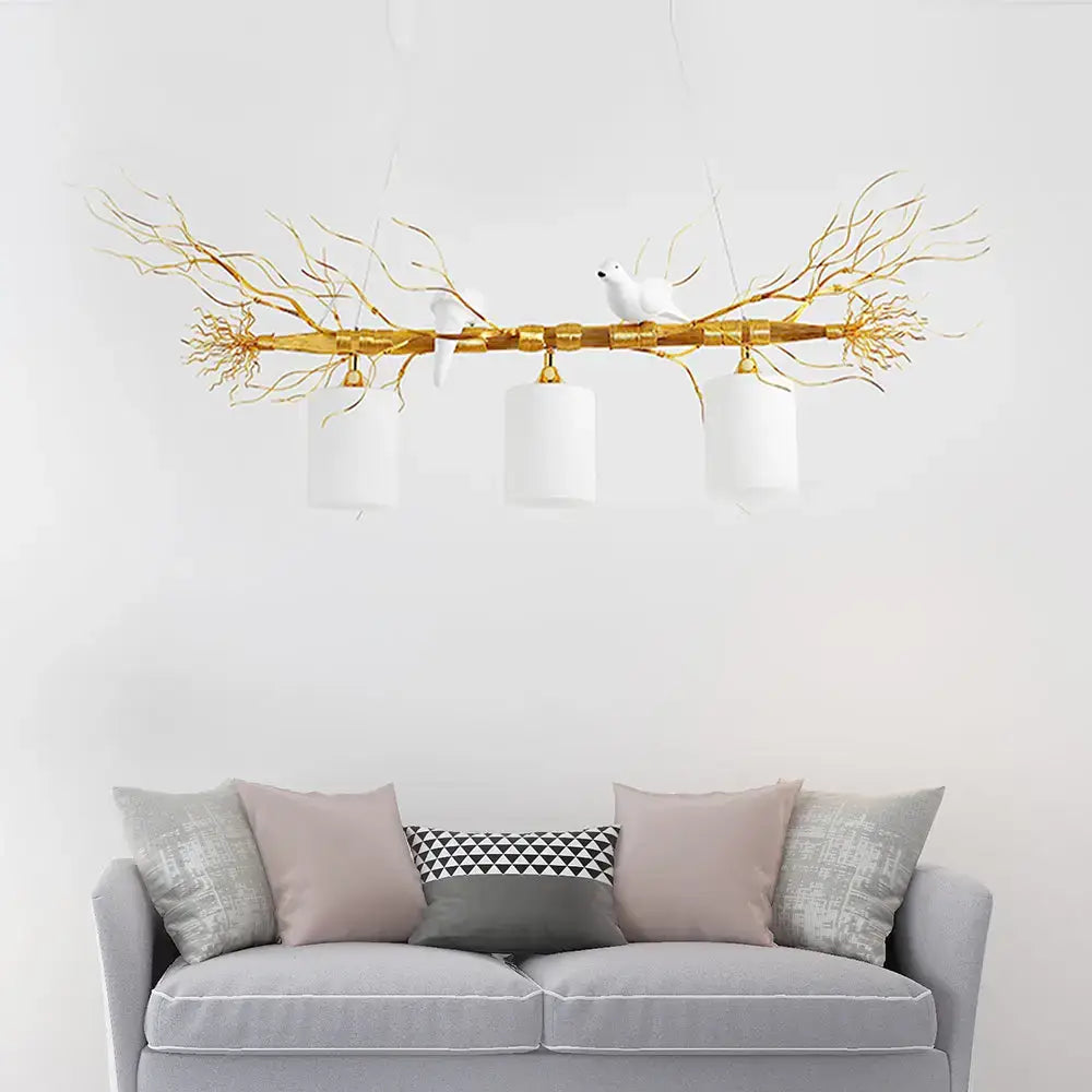 Decorbites modern gold silver branch ceiling island pendant light with three white glass cylindrical shades and bird figurines