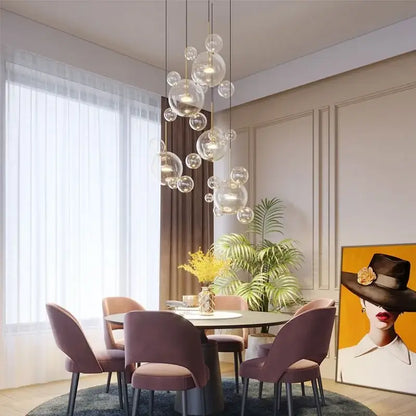 Modern white glass bubble chandelier pendant light with clear spherical bulbs enhancing living room decorbites ambiance