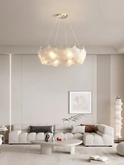 Modern white glass chandelier led circle pendant with delicate petal design for dining room lighting