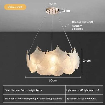 Modern white glass chandelier led circle pendant featuring translucent handmade petals in a layered floral design