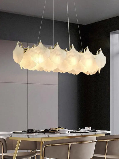Modern white glass chandelier led with translucent petal-shaped shades and led circle pendant for dining room use