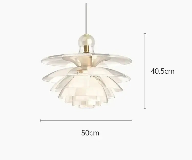 Modern white glass pine cone pendant chandelier with translucent layered petals and brass accents for living room use