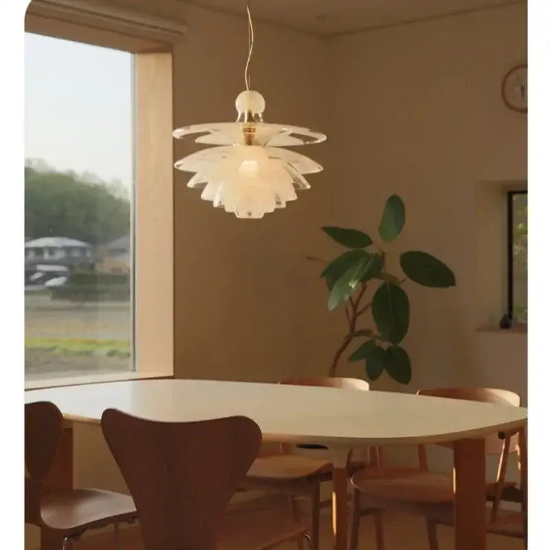 Modern white glass pine cone pendant chandelier with delicate petal-like design for living room lighting