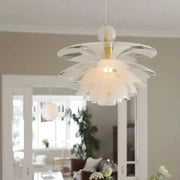 Modern white glass pine cone pendant chandelier with layered acrylic shades and gold-toned stem for living room
