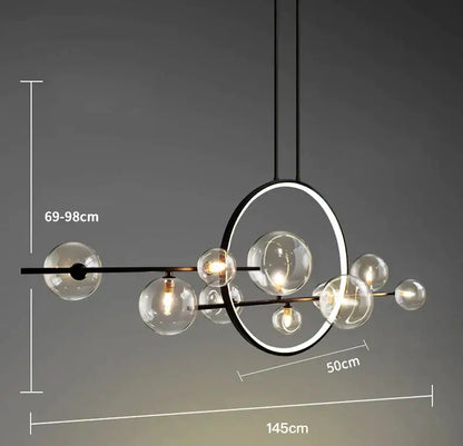 Modern black metal chandelier with clear glass globe bulbs and circular ring design for kitchen bar decorbites glass strip